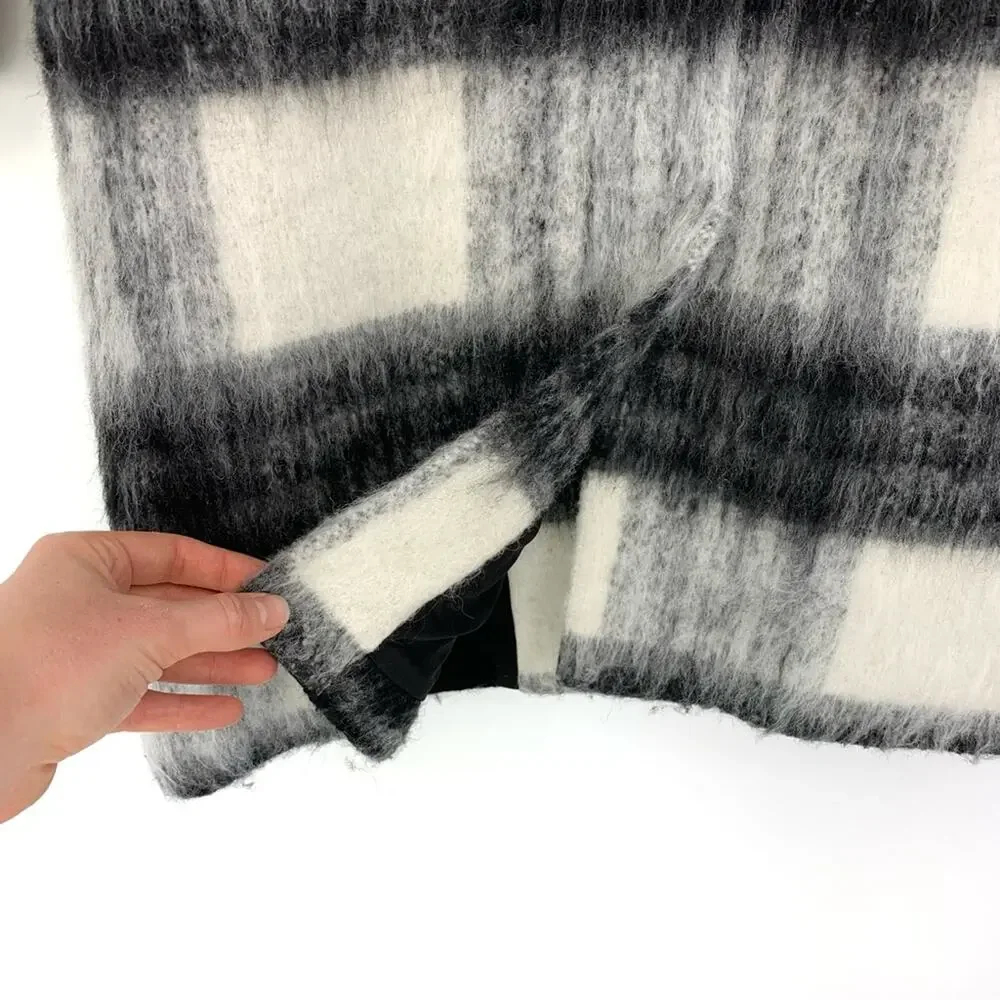 SAYLOR Brushed Wool Long Coat Buffalo Check Black White M